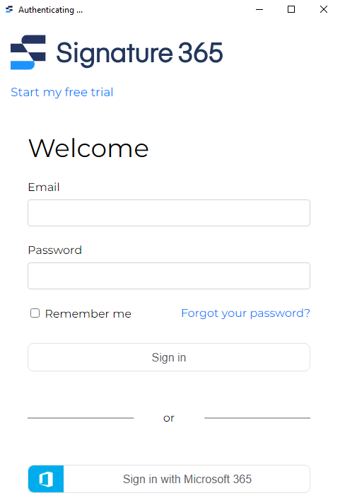 Signature 365 login screen during migration wizard authentication